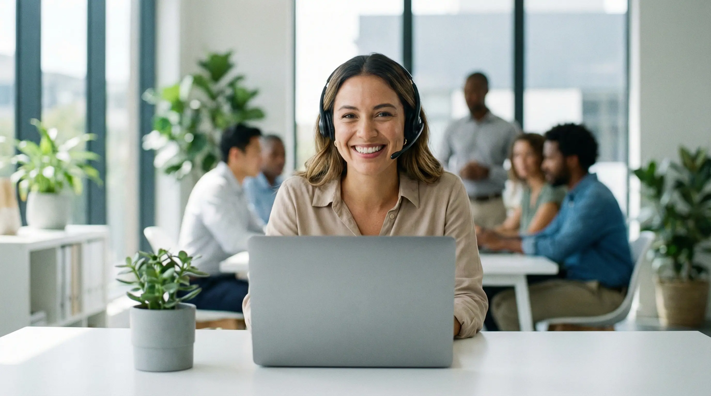 Friendly customer support representative at a modern desk